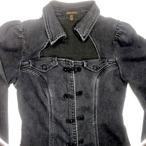 Urban Revivo Black Denim Long Jacket Button Front Corset Style Size M (US 8) - Picture 3 of 15